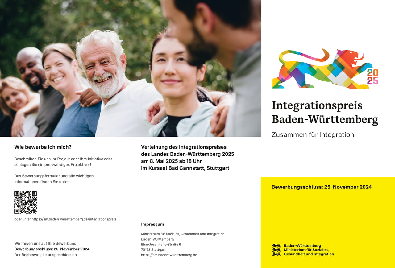 Flyer zum Integrationspreis 2025 des Landes Baden-Württemberg